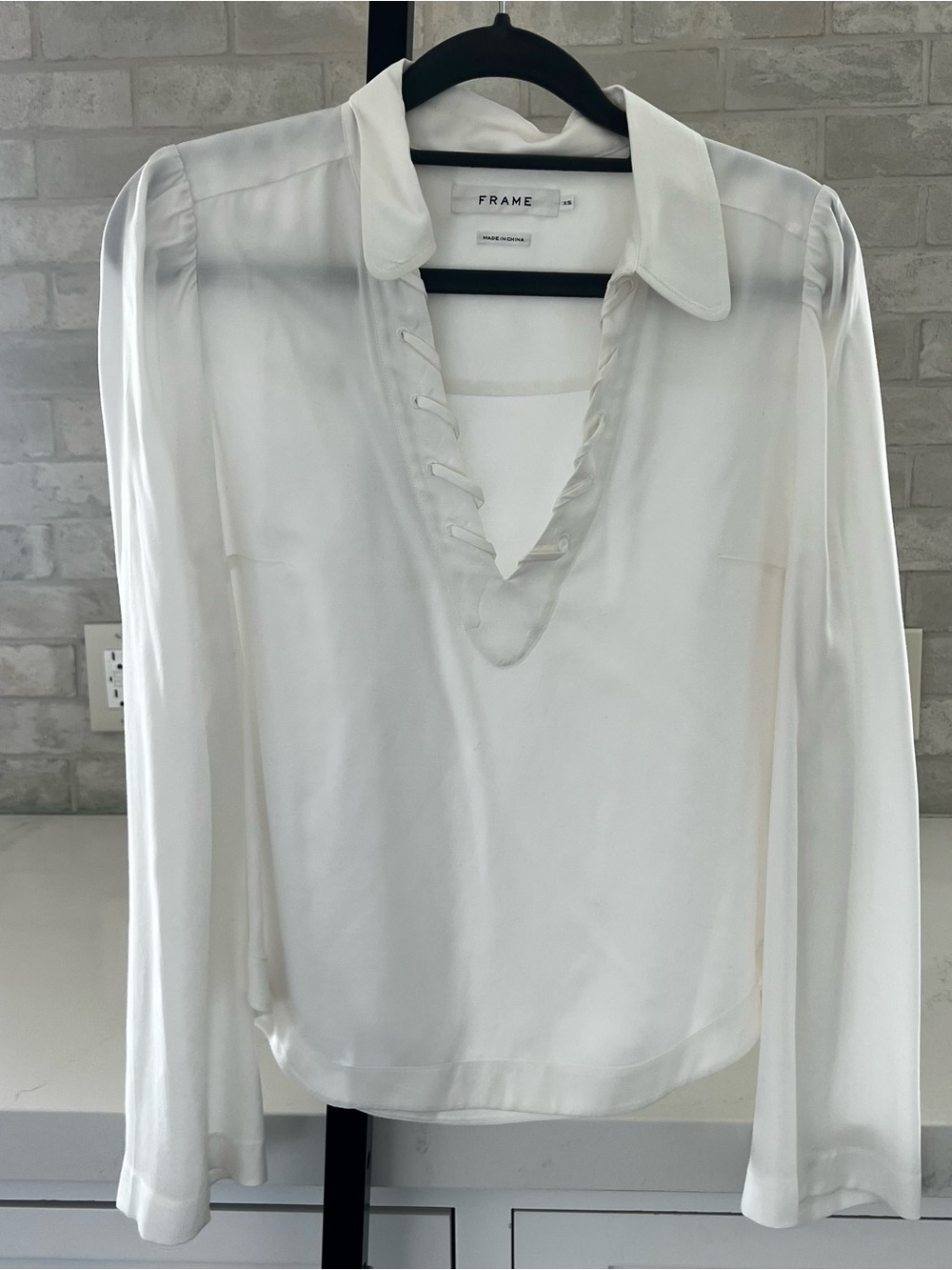 Frame Denim Off White V-Neck Whipstitch Lace-Up Long Sleeve Blouse XS